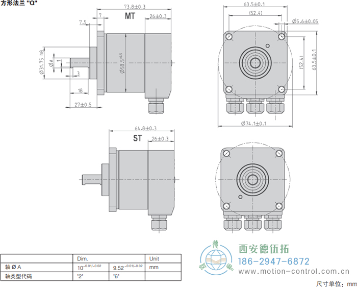AC58-CC-Link光电绝对值通用编码器外形及安装尺寸(方形法兰Q) - 注册HTH官方网站
