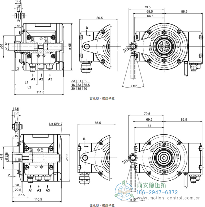 HMG10P-B - EtherNet/IP绝对值重载编码器外形及安装尺寸(盲孔型或锥孔型) - 注册HTH官方网站
