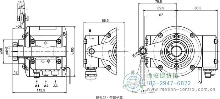 HMG10P-T - EtherNet/IP绝对值重载编码器外形及安装尺寸(通孔型) - 注册HTH官方网站
