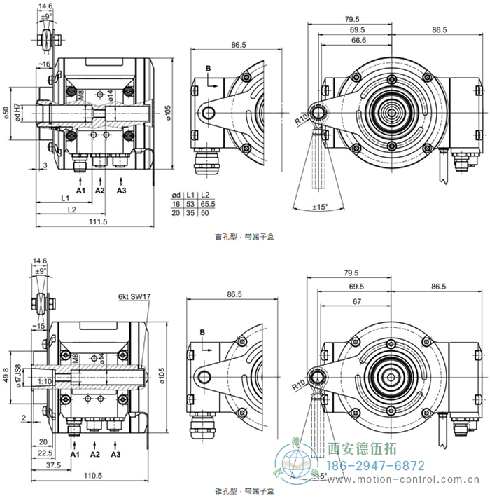 HMG10-B - EtherCAT绝对值重载编码器外形及安装尺寸(盲孔型或锥孔型) - 注册HTH官方网站
