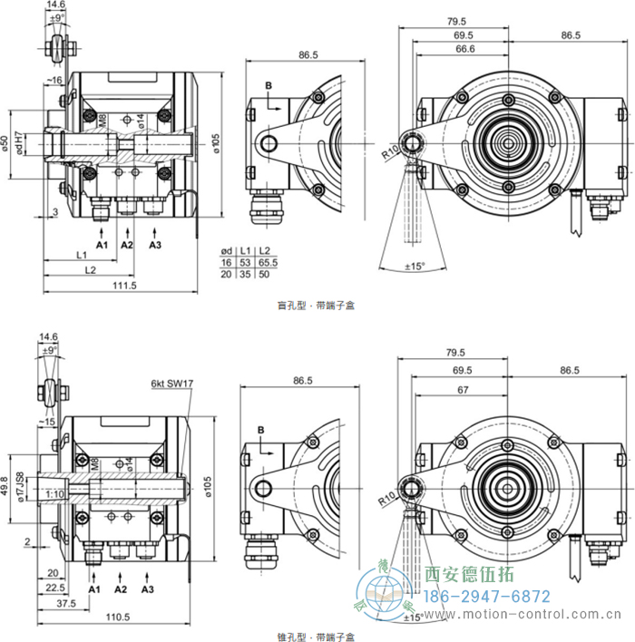 HMG10-B - PROFINET绝对值重载编码器外形及安装尺寸(盲孔型或锥孔型) - 注册HTH官方网站
