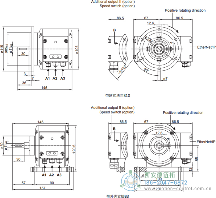 PMG10 - EtherNet/IP绝对值重载编码器外形及安装尺寸(ø11 mm实心轴，带欧式法兰B10或外壳支脚 (B3)) - 