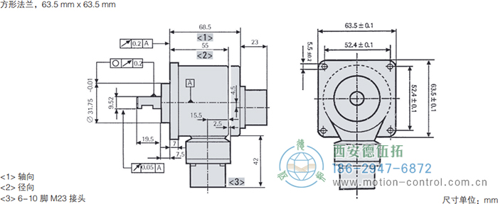 RI58-O/RI58-T实心轴光电增量通用编码器外形及安装尺寸(方形法兰，63.5mm×63.5mm) - 